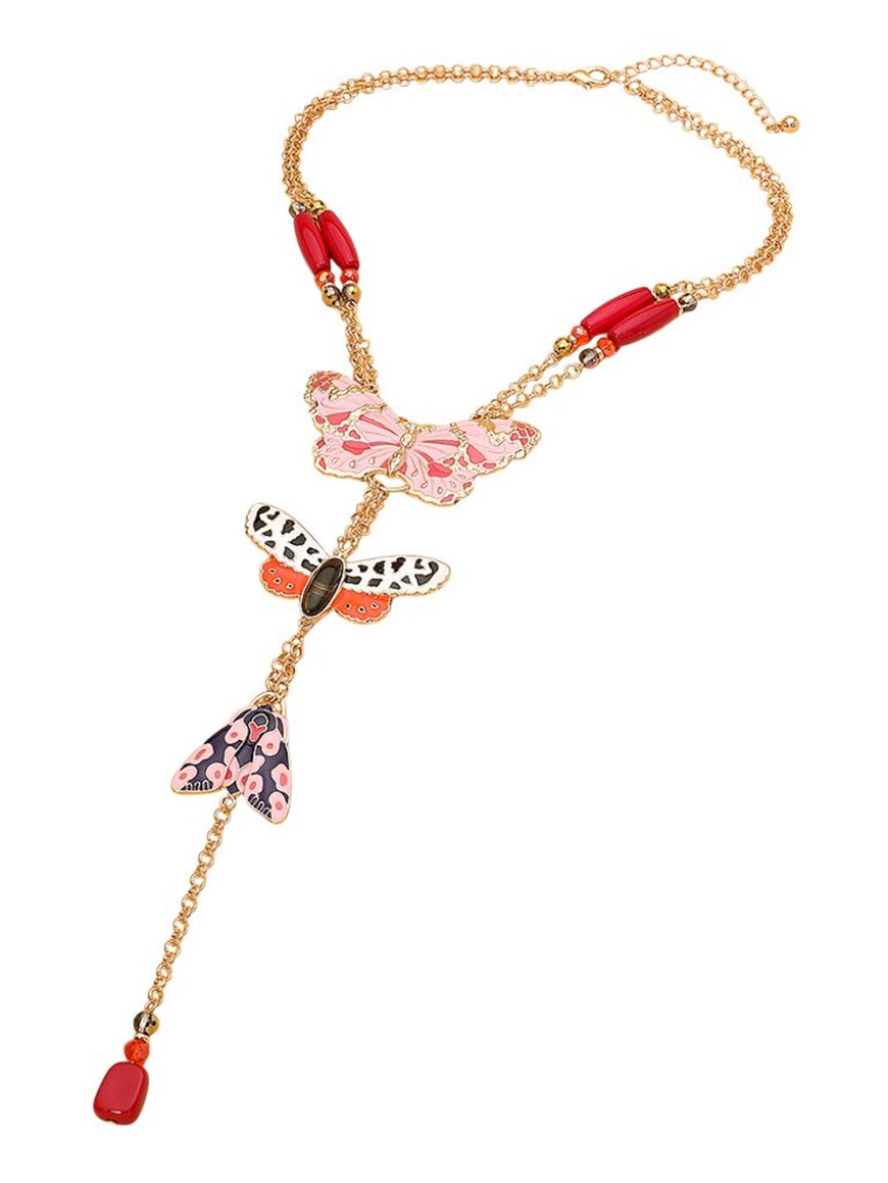 Zara Style Butterfly Garden Beaded Bohemian Lariat Necklace Pink/Red NEW - Picture 3 of 6